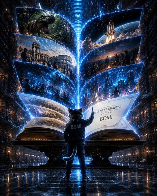A cat wearing a jacket labeled "BOMI" stands before a glowing open book displaying scenes of dinosaurs, the Colosseum, and space shuttle launches, with text reading "THE NEXT CHAPTER WRITTEN BY BOMI."

The image promotes the $BOMI cryptocurrency project, visually framing BOMI as the author of history's next chapter to attract investors to its Telegram community.