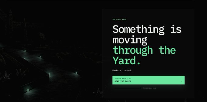 The image features a dark, moody promotional graphic for "The First Path" by TickerYard, displaying the text "Something is moving through the Yard. Markets, routed." alongside a glowing green button labeled "READ THE PAPER" that directs to ticker.yard. This visually reinforces the post's message about TickerYard simplifying cross-chain asset transfers by automatically finding and comparing the most cost-efficient routes for moving assets between blockchains.