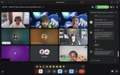 A screenshot of a video conferencing app (appears to be Zoom) showing a meeting titled 'ZentraX Product Team & Community Builders Sync' with multiple participants visible in a grid layout and a chat panel on the right.