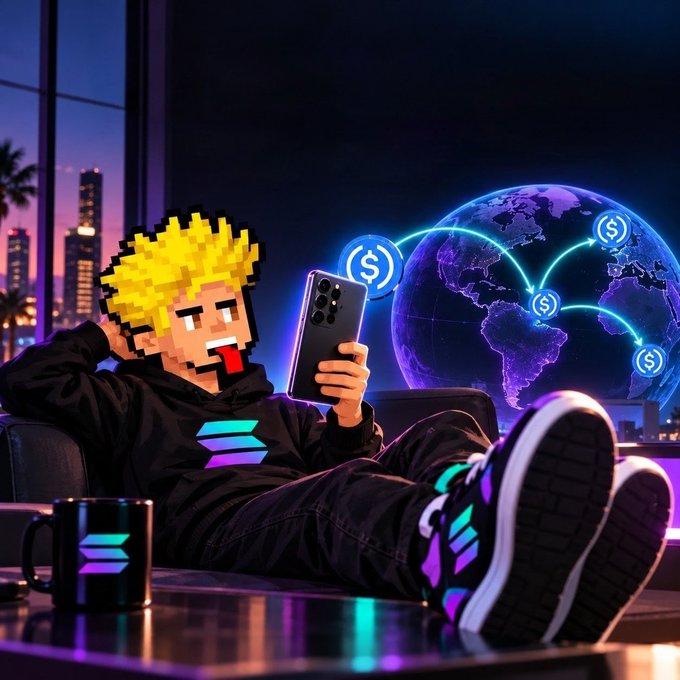 A pixel-art character with spiky yellow hair lounges in a chair with feet on a desk, holding a smartphone while a glowing digital globe with dollar signs hovers beside them.