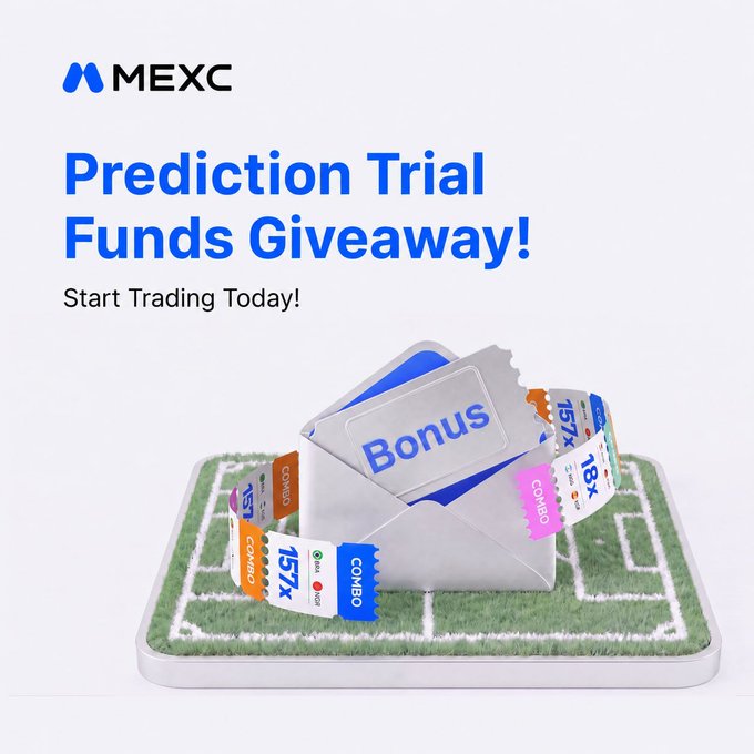 MEXC promotional graphic for a "Prediction Trial Funds Giveaway" featuring a silver envelope marked "Bonus" alongside colorful prediction tickets (showing combos like "15Tx," "18X," and team labels such as West, East, and COMBO) arranged on a miniature soccer field, inviting users to start trading with free 10 USDT trial funds through MEXC Predict.