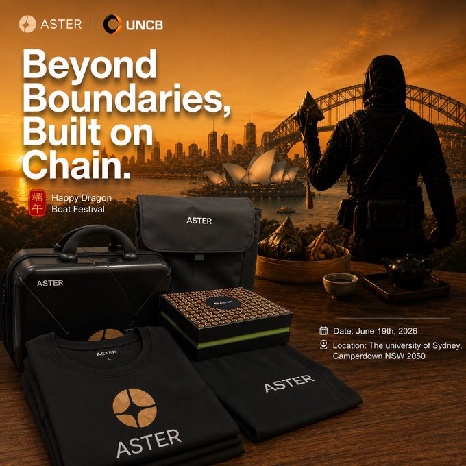 The image features an advertisement for an event called "Beyond Boundaries, Built on Chain." The event appears to be a gathering or festival related to the Dragon Boat Festival, as indicated by the text "ASTER is here! @Aster_DEX @Ccweb3hub @Leonard_Aster Exclusive backpacks, premium gift boxes, carry cases, and limited-edition T-shirts are ready for our ASTER event at the University of Sydney". The advertisement also includes a photo of a man wearing a hoodie with a dragon on it.