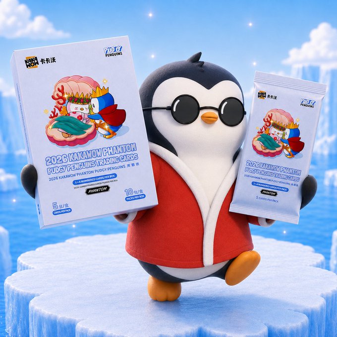 A Pudgy Penguin character wearing sunglasses and a red robe holds up a box and pack of "2026 KAKAMOW PHANTOM PUDGY PENGUINS TRADING CARDS" against an icy backdrop, visually reinforcing the post's message of the brand's worldwide reach by showcasing new collectible merchandise.
