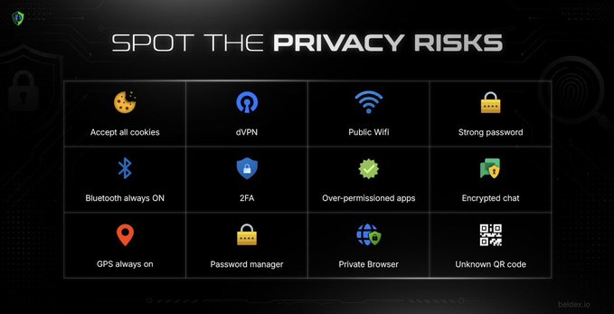Infographic titled 'Spot the Privacy Risks' displaying 12 icons including cookies, dVPN, WiFi, password, Bluetooth, 2FA, GPS, password manager, and QR code.