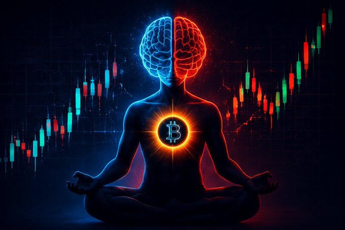 A digital artwork shows a silhouetted figure meditating with a split blue and red glowing brain, featuring a Bitcoin logo at the chest. Candlestick trading charts appear in the background.