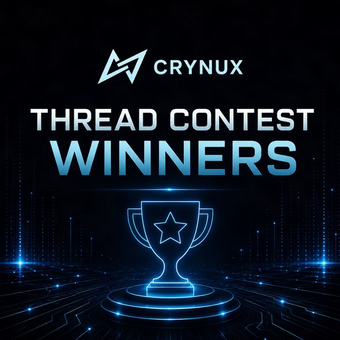 The image is a dark, futuristic announcement graphic featuring the "CRYNUX" logo at the top, with "THREAD CONTEST WINNERS" displayed in glowing blue text above a neon-outlined trophy with a star, symbolizing achievement and the community's top contributors in the Crynux thread contest.