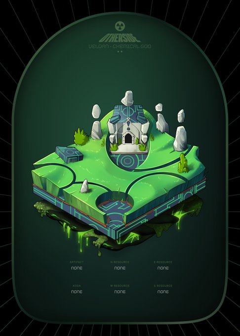 An isometric digital artwork showing a floating green island with a stone archway, white rocks, and trees, labeled 'UCLAND - CHEMICAL 500' with resource stats showing 'none' for various categories.