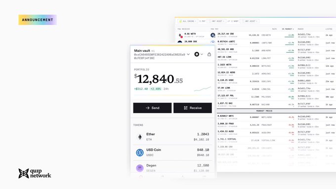 An announcement graphic for Quip Network showing a crypto wallet interface with a portfolio value of $12,840.55 and various tokens including ETH, USDC, and SEGEN, alongside a market price list.