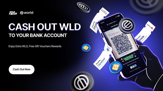 A promotional banner with the headline "CASH OUT WLD TO YOUR BANK ACCOUNT" featuring a smartphone displaying a Worldcoin QR code alongside gift vouchers from Amazon, Sephora, Carrefour, and Vodafone, with a "Cash Out Now" button. The image directly illustrates the post's announcement about cashing out $WLD tokens to bank accounts with cashback rewards and bonus incentives through the Holdstation and World App partnership.