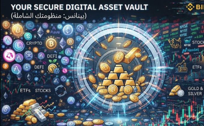 A promotional graphic titled 'YOUR SECURE DIGITAL ASSET VAULT' (بنانس: منصتك الشاملة) showing a vault of gold coins, Bitcoin, Binance logos, and labels for ETFs, Stocks, Crypto, DeFi, and Gold & Silver.