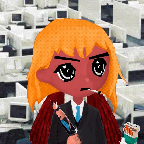 A digital illustration of a stylized character with orange hair, large eyes, and red wings, wearing a suit, smoking a cigarette, and holding a bloody knife, set against a backdrop of old computer monitors.