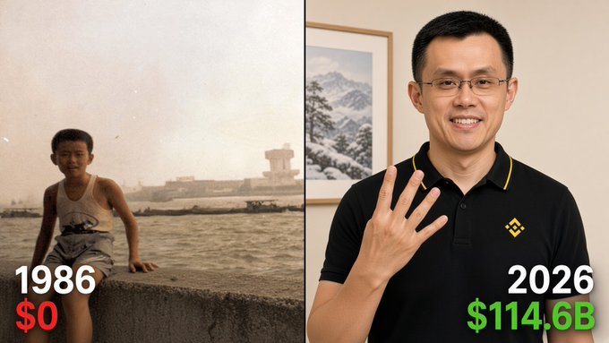 A side-by-side comparison shows a young boy in a white tank top in 1986 with text "1986 $0" next to an adult man in a black polo shirt holding up four fingers with text "2026 $114.6B".