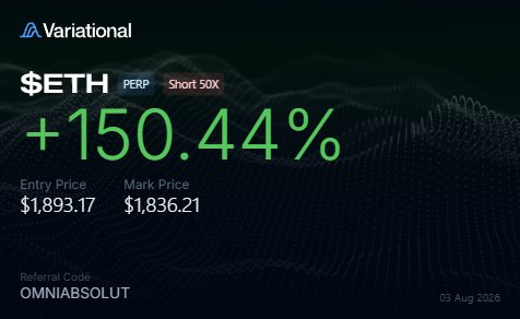 The image shows a Variational trading dashboard displaying a 50X leveraged ETH PERP short position with a profit of +150.44%, with an entry price of $1,893.17 and mark price of $1,836.21 on August 3, 2026, along with the referral code "OMNIABSOLUT." This aligns with the post showcasing a winning ETH short trade, though the post also mentions waiting on Bitcoin to reach $53k and considering a CL long position.