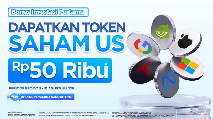 A promotional banner from Bittime exchange advertises a "Bonus Investasi Pertama" (First Investment Bonus) offering Rp50 Ribu (50,000 Rupiah) in US stock tokens, valid from August 3-31, 2026, for new users. The image features coins displaying logos of major US companies (including Google, Apple, NVIDIA, Tesla, and Meta) alongside instructions for the event with referral code DUTACRYPTO.