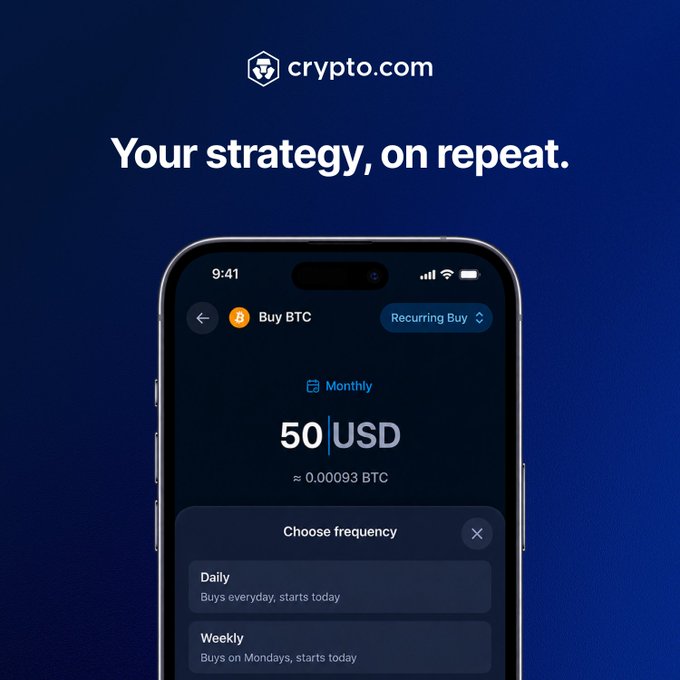 The Crypto.com app displays a "Buy BTC" Recurring Buy setup screen showing 50 USD monthly (≈ 0.00093 BTC) with options to choose Daily, Weekly, or Monthly purchase frequencies, visually reinforcing the post's message of automating crypto purchases on a set schedule.