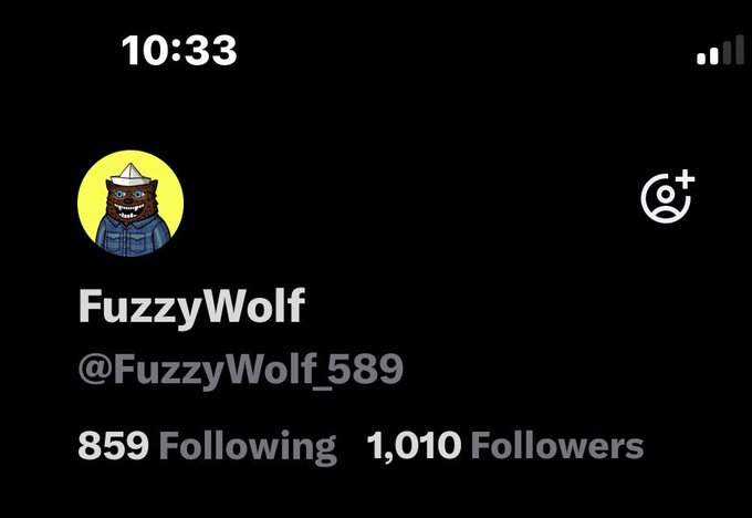 A screenshot of a Twitter/X profile for 'FuzzyWolf' (@FuzzyWolf_589) showing 859 Following and 1,010 Followers, featuring a cartoon wolf avatar wearing a hat on a yellow background.