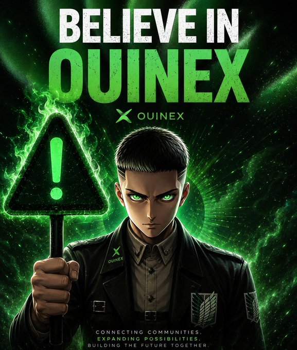 A dramatic anime-style illustration features a green-glowing figure in a military jacket holding a warning sign, with bold text reading "BELIEVE IN OUINEX" and the Ouinex logo. The tagline at the bottom states "CONNECTING COMMUNITIES. EXPANDING POSSIBILITIES. BUILDING THE FUTURE TOGETHER." The striking visual reinforces the post's message by presenting Ouinex as a bold, attention-grabbing alternative in the crowded TradFi derivatives market, highlighting their commission-free pricing model as a standout feature worth believing in.