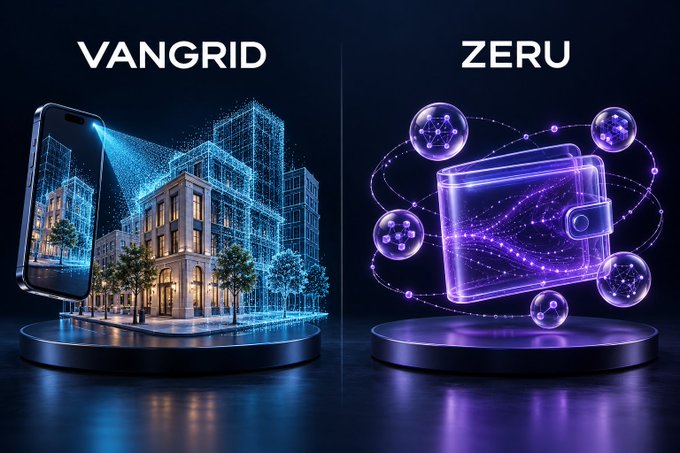 Two digital product mockups labeled 'VANGRID' (showing a smartphone with a building/city hologram) and 'ZERU' (showing a glowing purple digital wallet) displayed on dark pedestals.