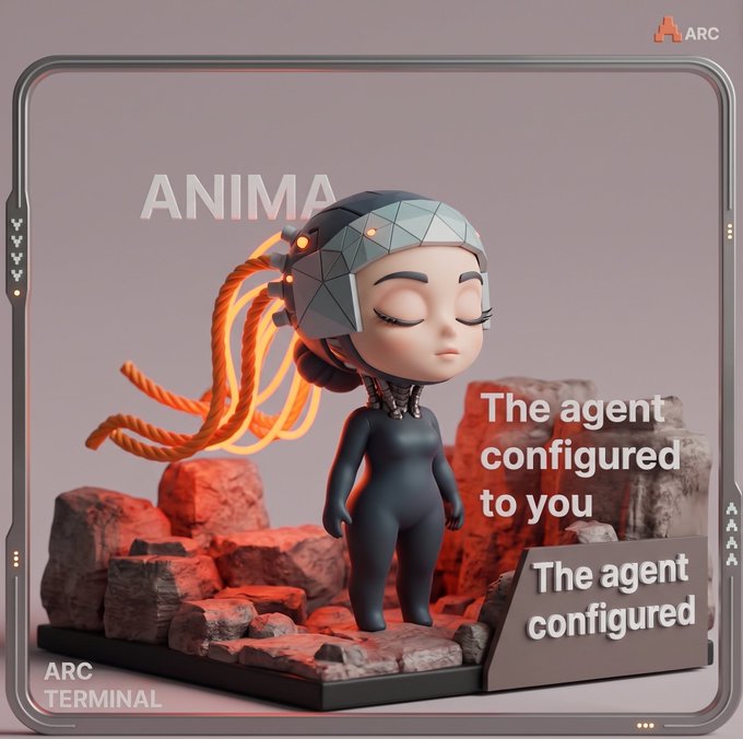 A stylized 3D figure with a polygonal helmet and glowing orange tendrils stands among rocky terrain on an "ARC TERMINAL" branded interface, promoting "ANIMA – The agent configured to you." The visual reinforces the post's message about relational depth and persistent memory, portraying ANIMA as a personalized AI companion designed to remember and adapt to its user rather than resetting with each interaction.
