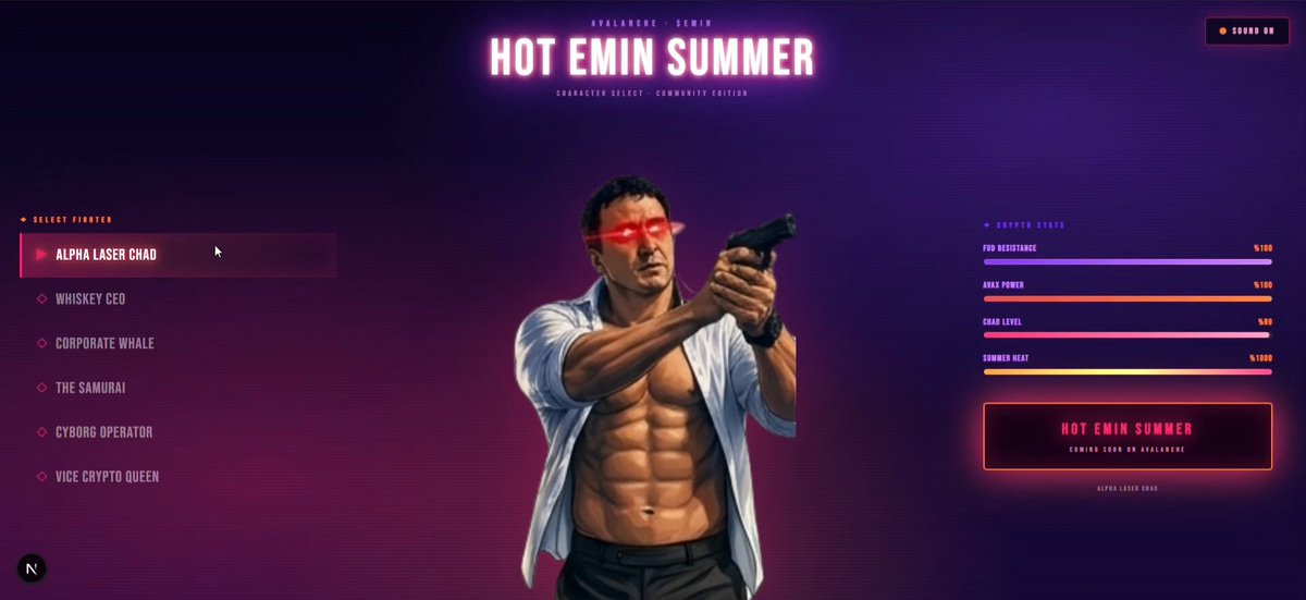 The image shows a screenshot of an online game called "Hot Emin Summer" with a man dressed as a superhero wearing red glasses holding a gun in one hand while standing upright, facing towards the right side of the screen. In the top left corner, there is a menu bar displaying various options for the player to interact with or choose from within the game, including setting sound and viewing videos on the screen. The focus of this screenshot is on the character selection process taking place in "Hot Emin Summer".