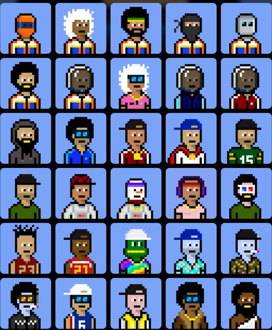 A grid of 30 pixel art character portraits featuring diverse avatars with various hairstyles, clothing, and accessories.
