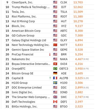 A stock market ranking list showing companies ranked 9-31, including CLSK (13,703), DJT (12,062), TSLA (11,509), RIOT (11,380), HUT (10,278), XYZ (9,117), ABTC (8,300), GDC (7,500), GLXY (6,894), NXTT (5,833), GEMI (5,528), BRR (5,254), NAKA (4,467), O343 (4,336), OBTC3 (3,950), ADE (3,605), ALCPB (3,525), H100 (3,506), DDC (2,899), IOND (2,882), SWC (2,747), DEFI (2,597), and BTGO (2,523).