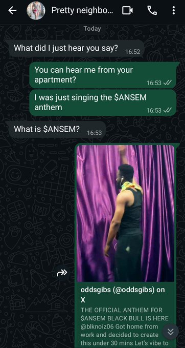 A WhatsApp conversation joking about the '$ANSEM anthem' shared by @blcknoiz06, accompanied by a video showing a man performing in front of purple curtains.
