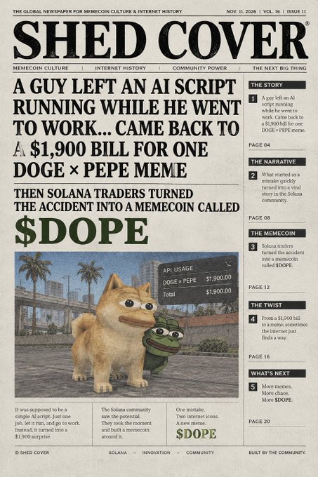 A fake newspaper cover titled 'SHED COVER' featuring the headline 'A GUY LEFT AN AI SCRIPT RUNNING WHILE HE WENT TO WORK... CAME BACK TO A $1,900 BILL FOR ONE DOGE × PEPE MEME' alongside an image of a Doge and Pepe character mashup and a fake API usage bill.