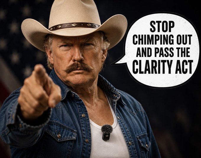 A meme-style image of a man in a cowboy hat and denim shirt pointing at the viewer, with an American flag in the background and a speech bubble reading 'STOP CHIMPING OUT AND PASS THE CLARITY ACT'.