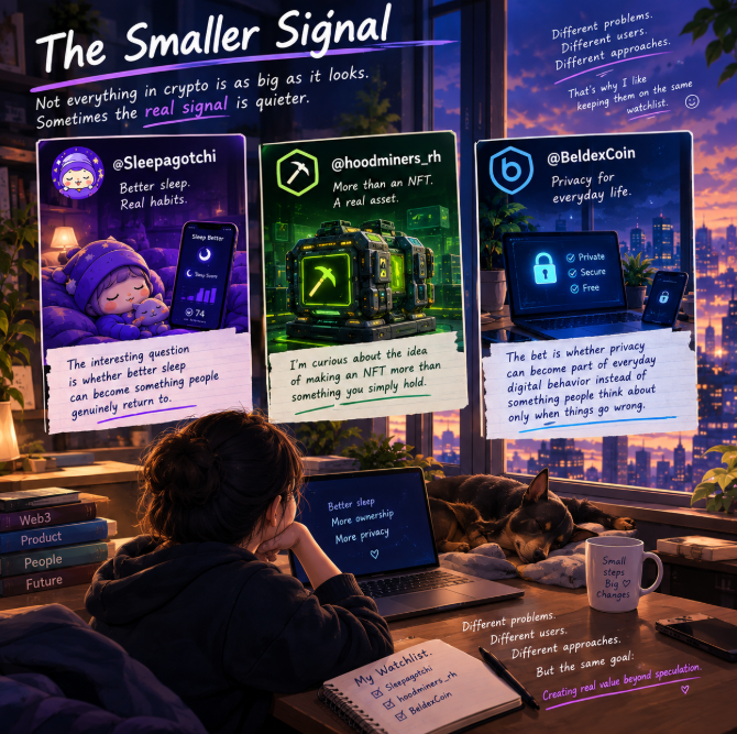 An illustrated graphic titled 'The Smaller Sign' featuring social media handles @Sleepagotchi, @hoodminers_rh, and @BeldexCoin, describing crypto-related apps with themes of better sleep, NFTs, and privacy.