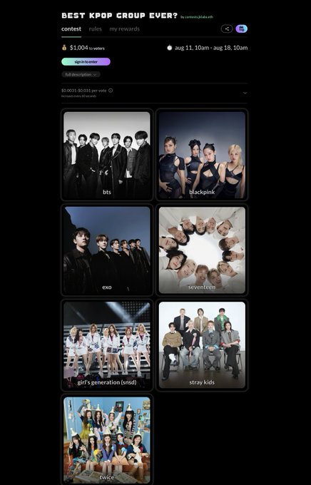 A screenshot from contest.jolix.com titled 'BEST KPOP GROUP EVER?' showing photos of K-pop groups BTS, BLACKPINK, EXO, SEVENTEEN, Girl's Generation (SNSD), Stray Kids, and TWICE with voting statistics.