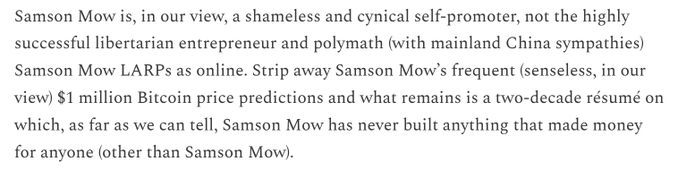 Article excerpt with bold and black text criticizing Samson Mow as "a shameless and cynical self-promoter" and claiming his Bitcoin price predictions are senseless.