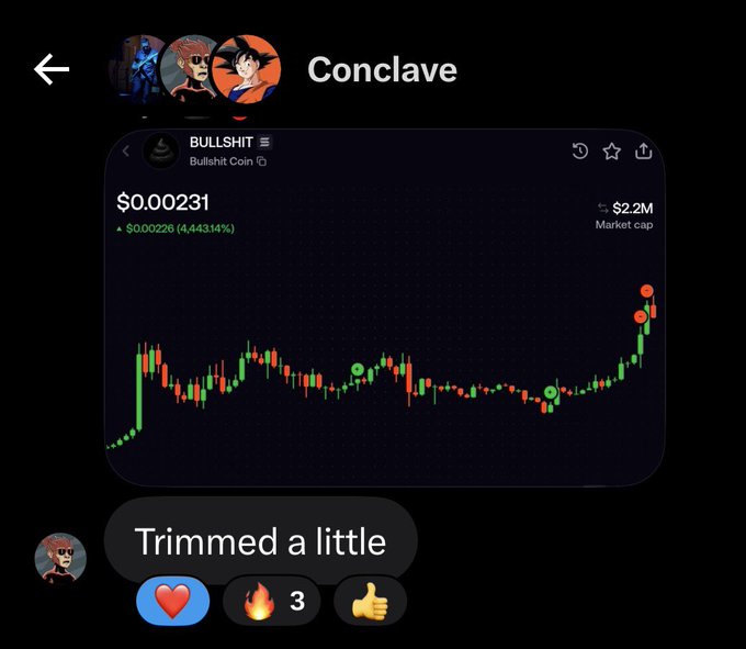 A cryptocurrency trading app screenshot shows a 'BULLSHIT Coin' price chart at $0.00231 with a 4,443.14% gain, under a 'Conclave' group chat message saying 'Trimmed a little'.