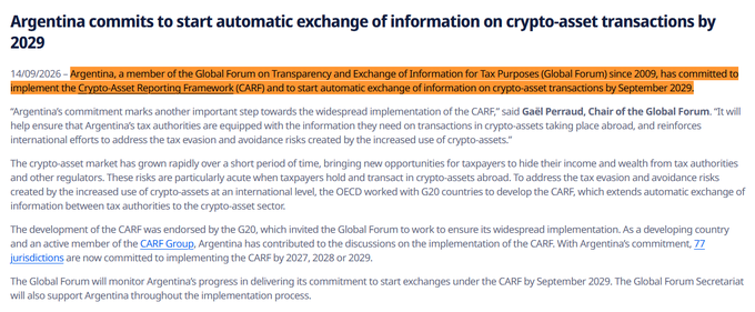 A screenshot of an article headline reading "Argentina commits to start automatic exchange of information on crypto-asset transactions by 2029," with the date 14/09/2026 and a highlighted section stating that Argentina, a Global Forum member since 2009, will implement the Crypto-Asset Reporting Framework (CARF) and begin automatic exchange of crypto-asset transaction information by September 2029.