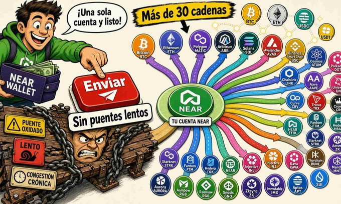 A colorful promotional graphic for the NEAR wallet showing connections to over 30 cryptocurrencies including BTC, ETH, USDC, and SOL, with Spanish text "¡Una sola cuenta y listo!" and "Sin puentes lentos".