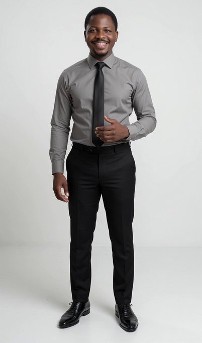 A photograph of a smiling man wearing a gray dress shirt, black tie, and black pants, standing against a light gray background.
