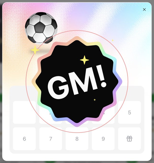 A colorful "GM!" (Good Morning) badge with a soccer ball graphic overlaid on what appears to be a calendar or keypad interface.