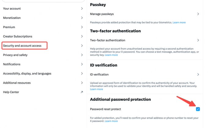 A screenshot of an account settings menu highlights 'Security and account access' with a red box, and uses a red arrow to point to a checked box enabling 'Additional password protection' under 'Password reset protect.'