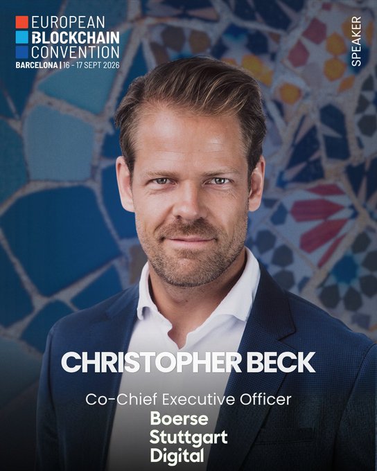 Promotional graphic for the European Blockchain Convention in Barcelona (16-17 Sept 2026), featuring speaker Christopher Beck, Co-Chief Executive Officer of Boerse Stuttgart Digital, shown in a suit against a colorful mosaic background.