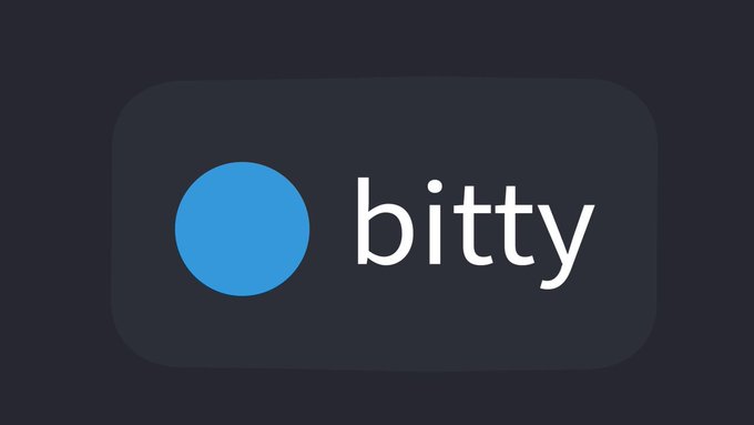 A dark app icon featuring a blue circle and the text 'bitty' in white.