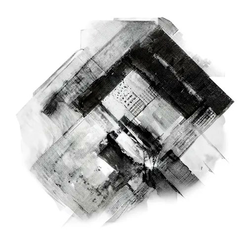 An abstract black and white painting or drawing with a roughly diamond-shaped form, featuring textured, smudged, and scratched details within an architectural or structural composition.