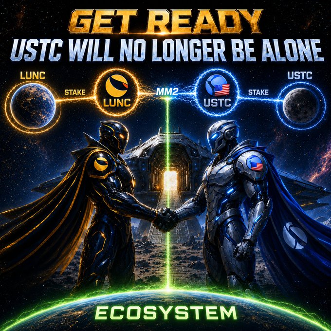 The image features two robots shaking hands over a planet with a green background. The text above them reads "Get Ready" and "USTC will no longer be alone", indicating that they are about to embark on a new project together, possibly related to ecosystem or blockchain technology.