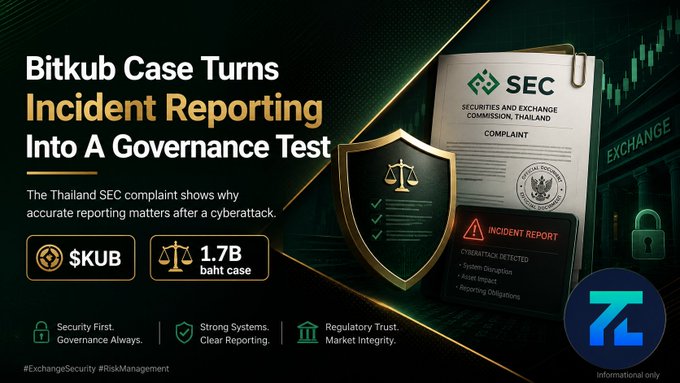 An informational graphic titled 'Bitkub Case Turns Incident Reporting Into A Governance Test' highlighting a Thailand SEC complaint involving $KUB and a 1.7B baht case.