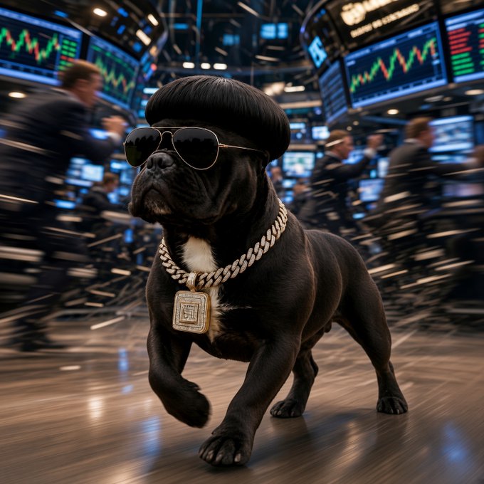 A black French Bulldog struts confidently through a bustling stock trading floor, accessorized with sunglasses, a chunky gold chain, and a gold pendant, while motion blur emphasizes its swagger.