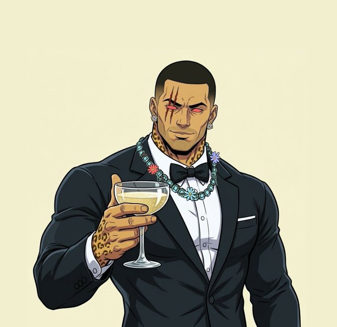 Image 4: An illustrated digital art piece of a muscular man in a black tuxedo with leopard-print accents, bloody eyes, and a flower necklace, holding a champagne coupe glass.