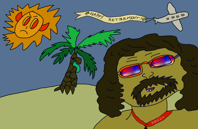 The image features a man with a long beard wearing sunglasses, standing next to a palm tree. The background of the image shows an airplane flying overhead and a banner that says "Happy Retirement" written in blue letters.