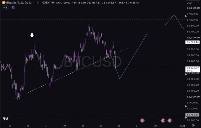 A TradingView 1-hour BTC/USD chart (O64,109.02 H64,151.19 L63,937.37 C63,943.67) showing Bitcoin at ~$63,943, with a blue arrow projecting a bounce off the descending trendline and a white arrow marking resistance near $65,700.44, illustrating the analyst's bullish scenario where BTC taps lower liquidity zones before reversing higher.