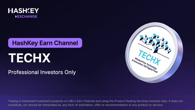 A HashKey Exchange promotional graphic for 'HashKey Earn Channel TECHX' marked for 'Professional Investors Only,' showing a 3D TECHX coin representing WisdomTree Technology & Innovation 100 Digital Fund, with a disclaimer about tokenised investment risks.
