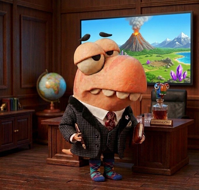 A whimsical stop-motion style character with a large, lumpy face wearing a tweed suit, tie, and argyle socks stands in an office with a desk labeled 'Harmless, CBO' and a painting of a smoking volcano behind him.