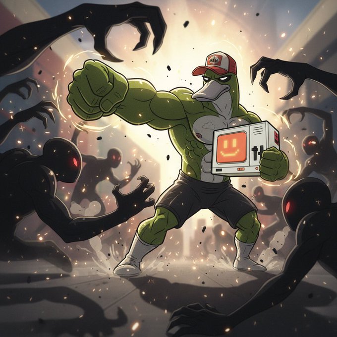 The image features a muscular man with a red hat, holding up a TV remote control while surrounded by numerous black creatures or monsters. The monster-like figures are depicted as having their arms raised, creating an intense atmosphere. The caption of the image reads "That's the mfer I put my money on! $BNKR to billions!".